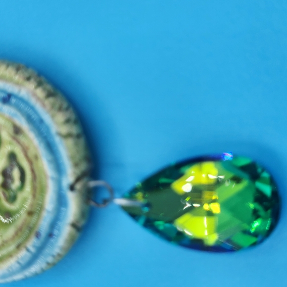 Green and Blue Face Ceramic Pendant Necklace With Crystal Dangle - Picture 3 of 6